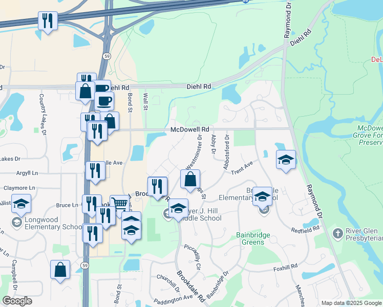 map of restaurants, bars, coffee shops, grocery stores, and more near 1621 Westminster Drive in Naperville