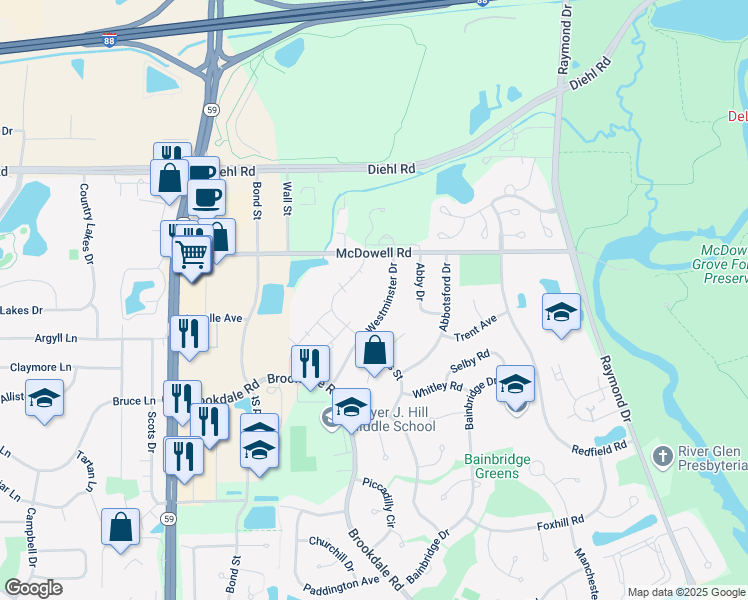 map of restaurants, bars, coffee shops, grocery stores, and more near 1621 Westminster Drive in Naperville