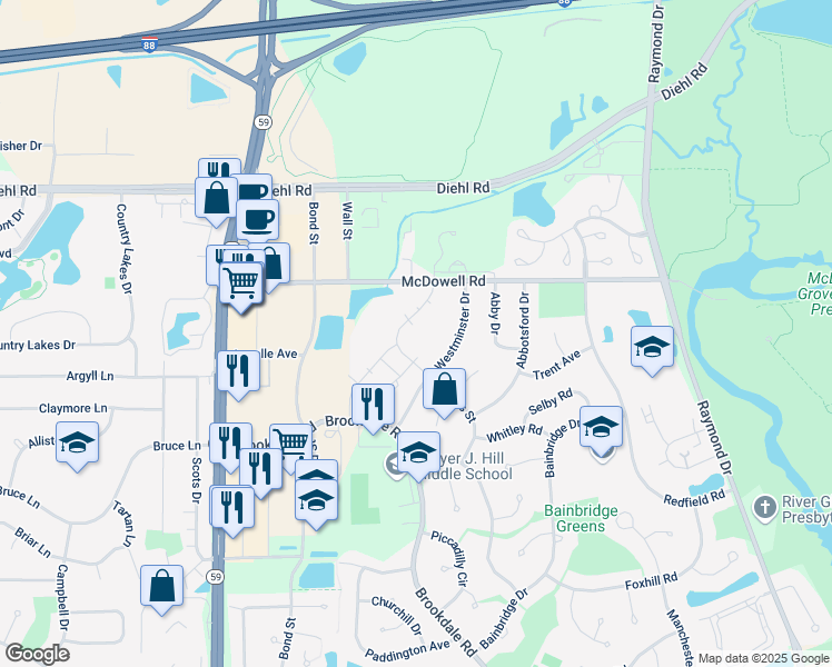 map of restaurants, bars, coffee shops, grocery stores, and more near 1607 Westminster Drive in Naperville