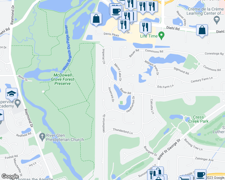 map of restaurants, bars, coffee shops, grocery stores, and more near 1500 Inverrary Drive in Naperville