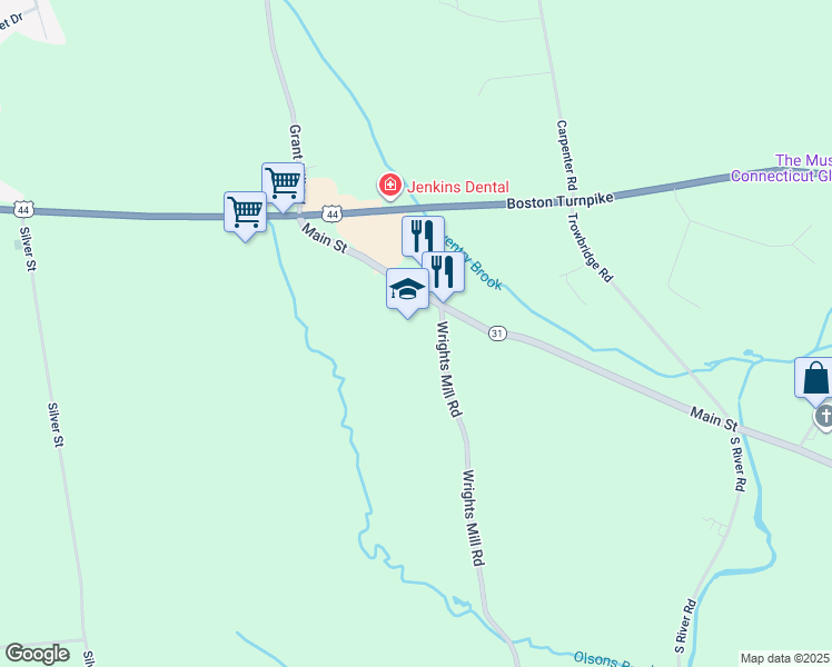 map of restaurants, bars, coffee shops, grocery stores, and more near 3453 Main Street in Coventry