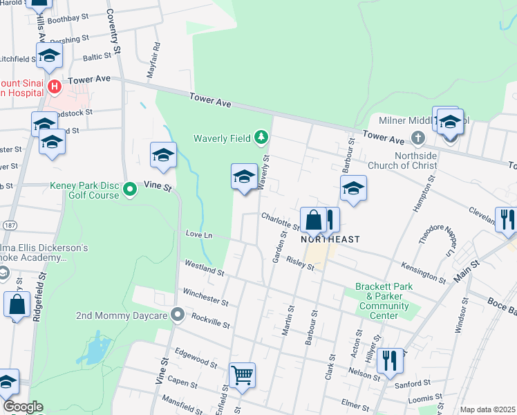 map of restaurants, bars, coffee shops, grocery stores, and more near 55 Waverly Street in Hartford