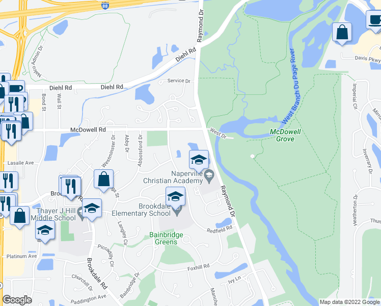 map of restaurants, bars, coffee shops, grocery stores, and more near 1539 Raymond Drive in Naperville