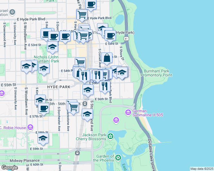 map of restaurants, bars, coffee shops, grocery stores, and more near 5512 South Hyde Park Boulevard in Chicago