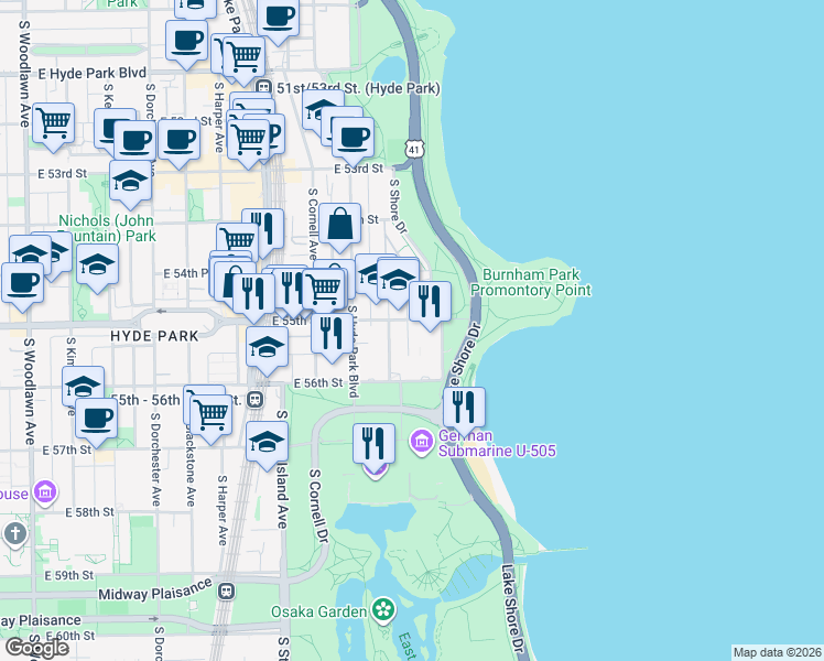 map of restaurants, bars, coffee shops, grocery stores, and more near 1755 East 55th Street in Chicago