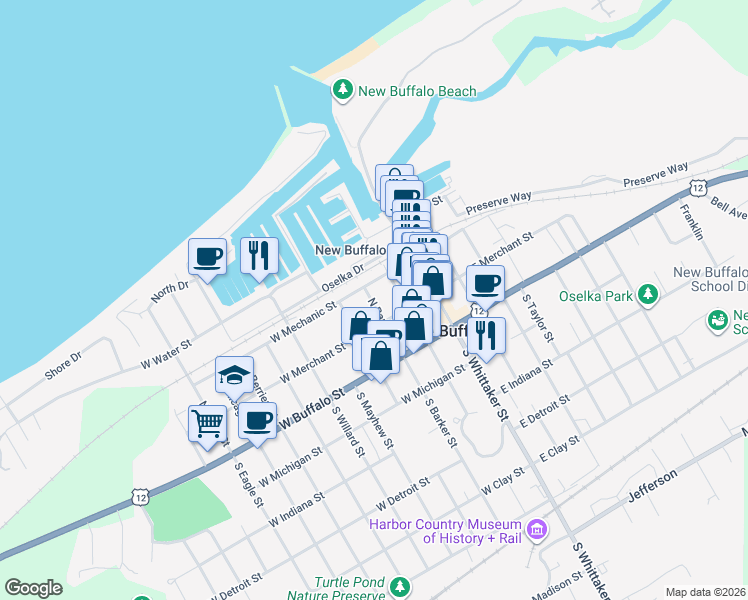 map of restaurants, bars, coffee shops, grocery stores, and more near 103 North Barker Street in New Buffalo