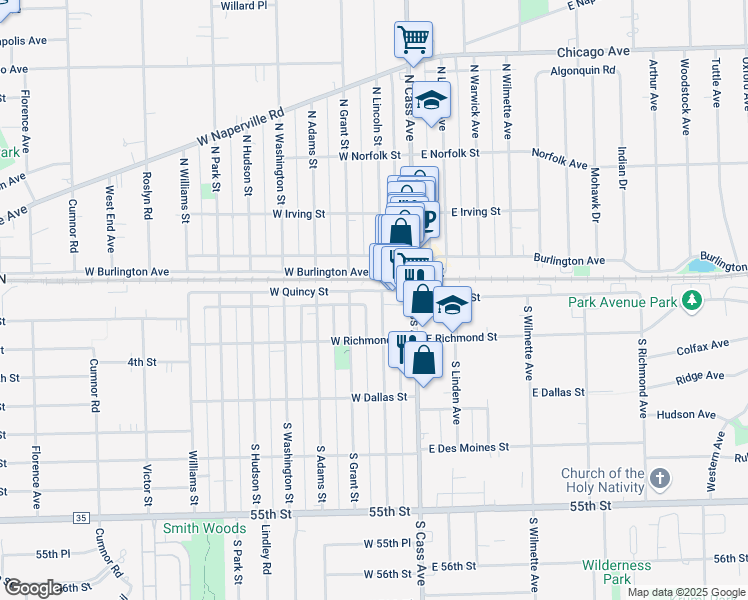 map of restaurants, bars, coffee shops, grocery stores, and more near 31 West Quincy Street in Westmont