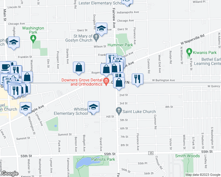 map of restaurants, bars, coffee shops, grocery stores, and more near 421 Burlington Avenue in Downers Grove