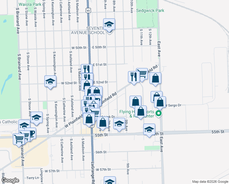 map of restaurants, bars, coffee shops, grocery stores, and more near 226 East Plainfield Road in Countryside