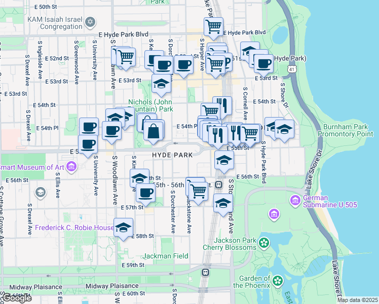 map of restaurants, bars, coffee shops, grocery stores, and more near 1454 East Park Place in Chicago