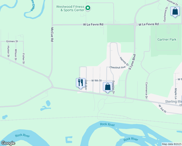 map of restaurants, bars, coffee shops, grocery stores, and more near 906 Oak Avenue in Sterling