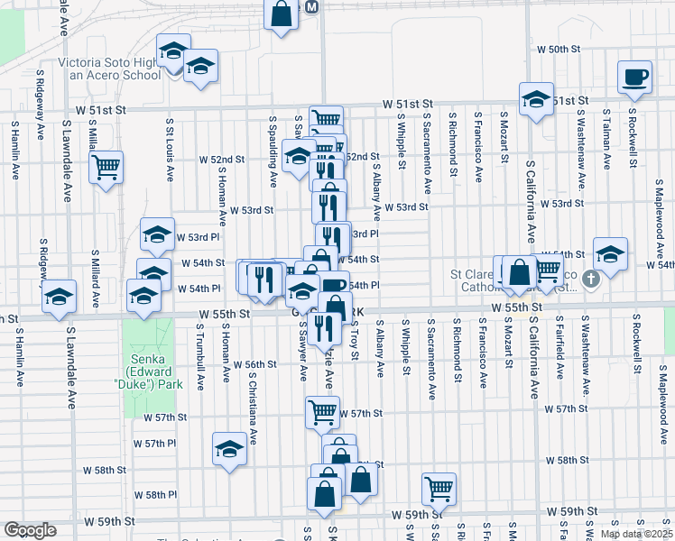 map of restaurants, bars, coffee shops, grocery stores, and more near 5409 South Kedzie Avenue in Chicago