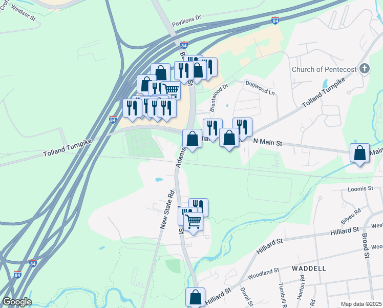 map of restaurants, bars, coffee shops, grocery stores, and more near 33 Adams Street in Manchester