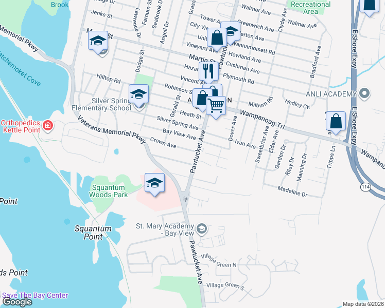 map of restaurants, bars, coffee shops, grocery stores, and more near 78 Mountain Avenue in East Providence