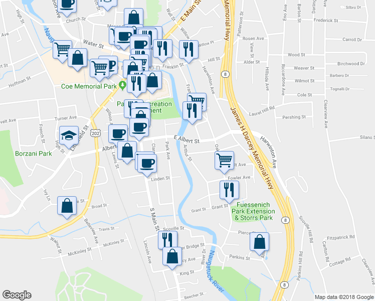 map of restaurants, bars, coffee shops, grocery stores, and more near 41 Arthur Street in Torrington