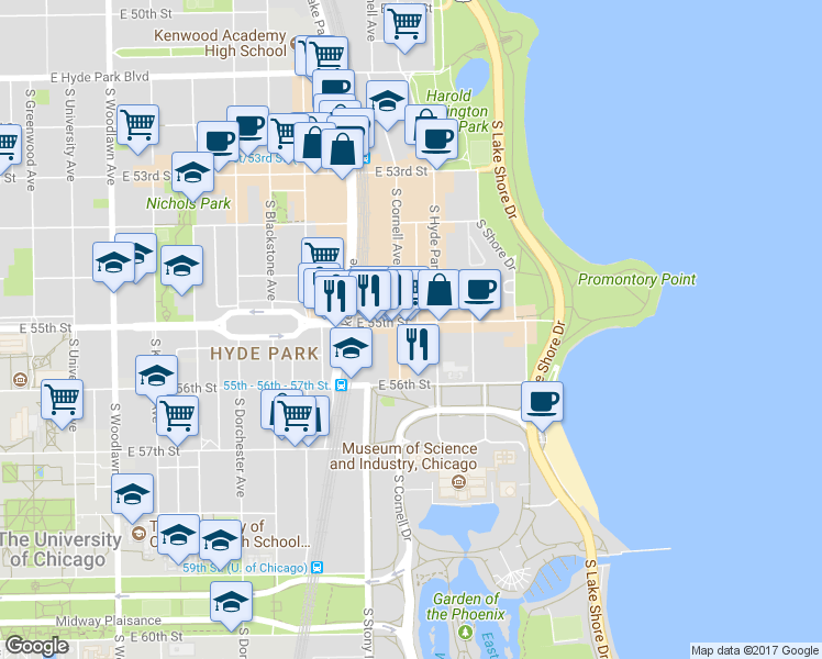 map of restaurants, bars, coffee shops, grocery stores, and more near 1635 E 55th St in Chicago