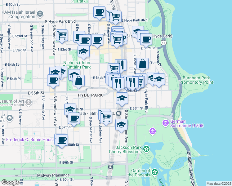map of restaurants, bars, coffee shops, grocery stores, and more near 5517 South Harper Avenue in Chicago