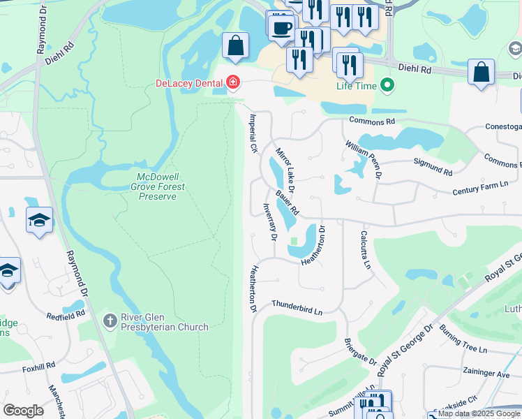 map of restaurants, bars, coffee shops, grocery stores, and more near 1482 Inverrary Drive in Naperville