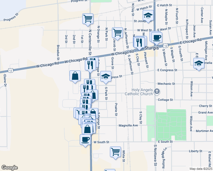 map of restaurants, bars, coffee shops, grocery stores, and more near 403 South Park Street in Sturgis