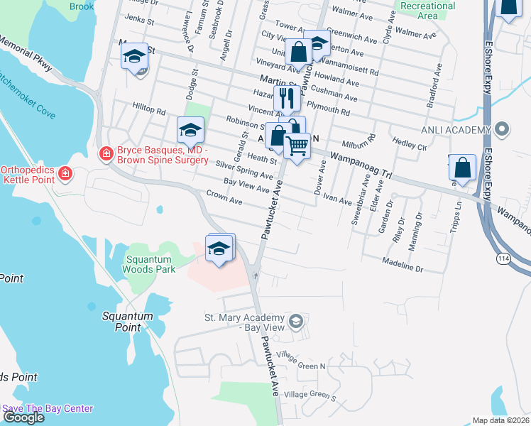 map of restaurants, bars, coffee shops, grocery stores, and more near 78 Mountain Avenue in East Providence