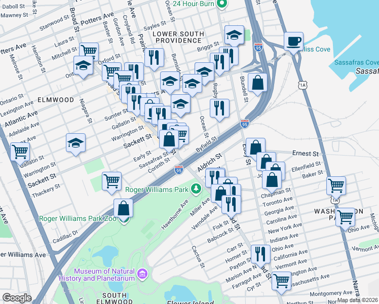 map of restaurants, bars, coffee shops, grocery stores, and more near 179 Byfield Street in Providence