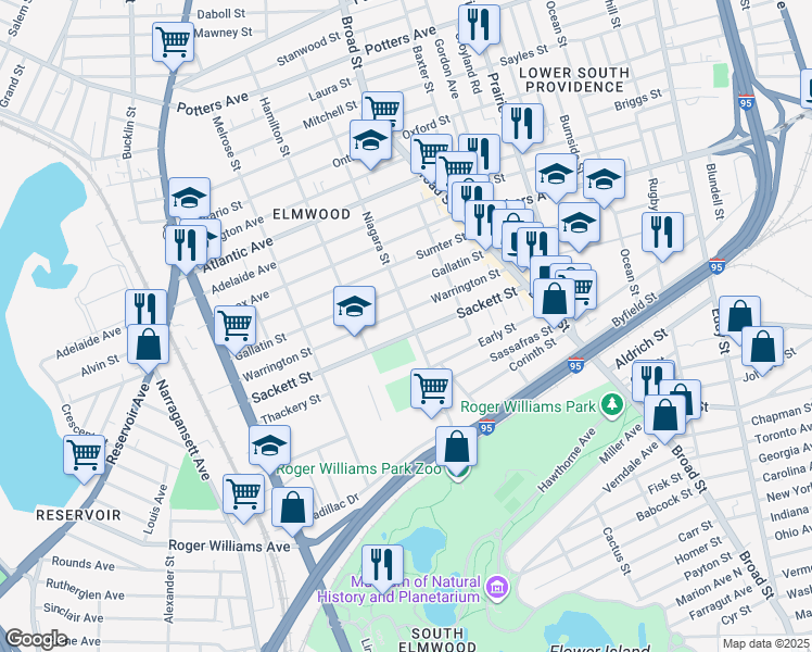 map of restaurants, bars, coffee shops, grocery stores, and more near 285 Niagara Street in Providence