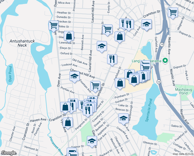 map of restaurants, bars, coffee shops, grocery stores, and more near 16 Chestnut Hill Avenue in Cranston