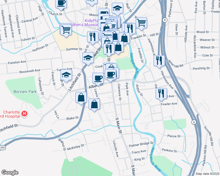 map of restaurants, bars, coffee shops, grocery stores, and more near 294 South Main Street in Torrington