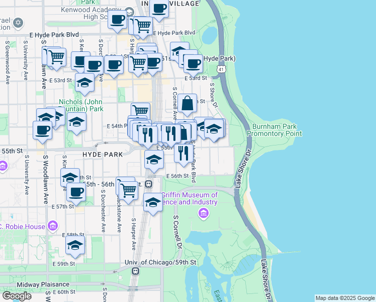 map of restaurants, bars, coffee shops, grocery stores, and more near 5521 South Cornell Avenue in Chicago