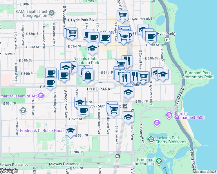 map of restaurants, bars, coffee shops, grocery stores, and more near 1454 East Park Place in Chicago