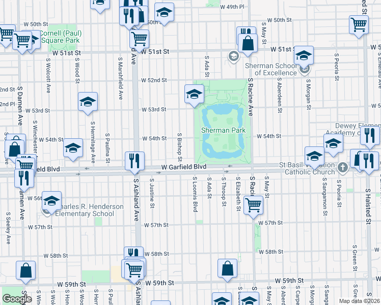 map of restaurants, bars, coffee shops, grocery stores, and more near 1400 West Garfield Boulevard in Chicago