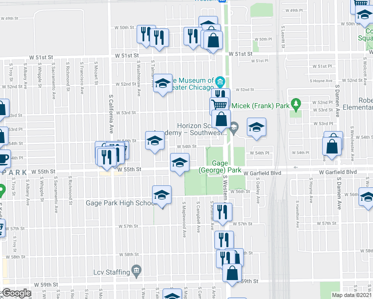 map of restaurants, bars, coffee shops, grocery stores, and more near 5415 South Maplewood Avenue in Chicago