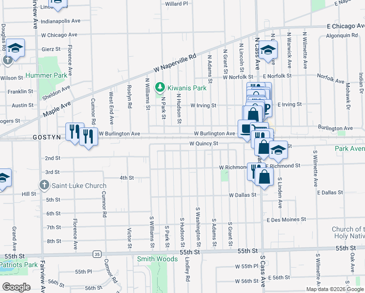 map of restaurants, bars, coffee shops, grocery stores, and more near 16 South Hudson Street in Westmont