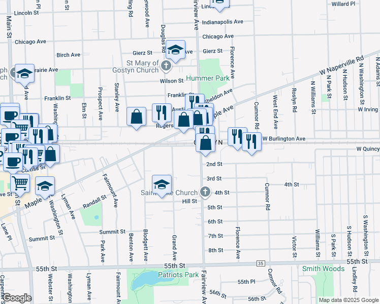 map of restaurants, bars, coffee shops, grocery stores, and more near 421 Burlington Avenue in Downers Grove