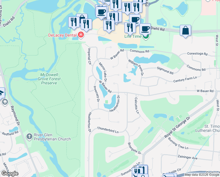 map of restaurants, bars, coffee shops, grocery stores, and more near 1101 West Bauer Road in Naperville