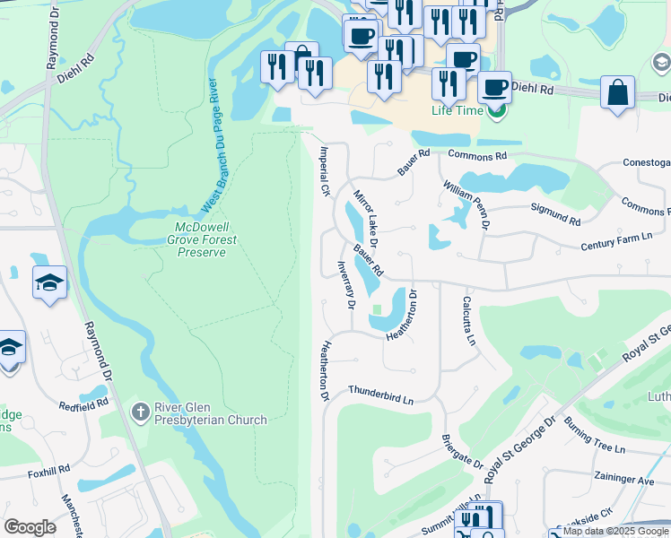 map of restaurants, bars, coffee shops, grocery stores, and more near 1482 Inverrary Drive in Naperville