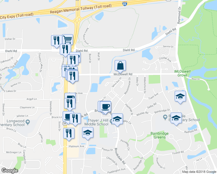 map of restaurants, bars, coffee shops, grocery stores, and more near 1607 Westminster Drive in Naperville