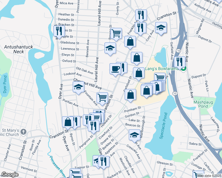 map of restaurants, bars, coffee shops, grocery stores, and more near 16 Chestnut Hill Avenue in Cranston