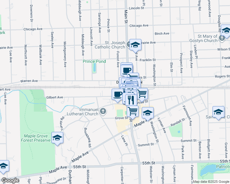 map of restaurants, bars, coffee shops, grocery stores, and more near 5100 Forest Avenue in Downers Grove