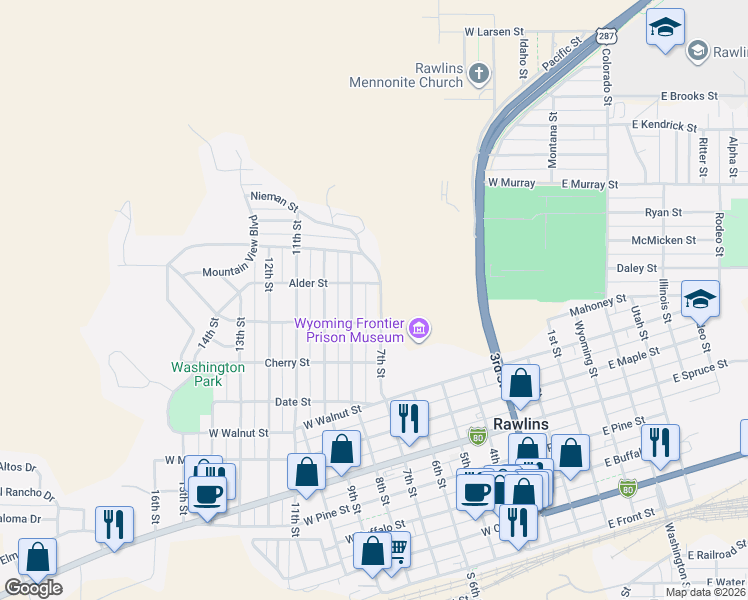 map of restaurants, bars, coffee shops, grocery stores, and more near 1017 8th Street in Rawlins