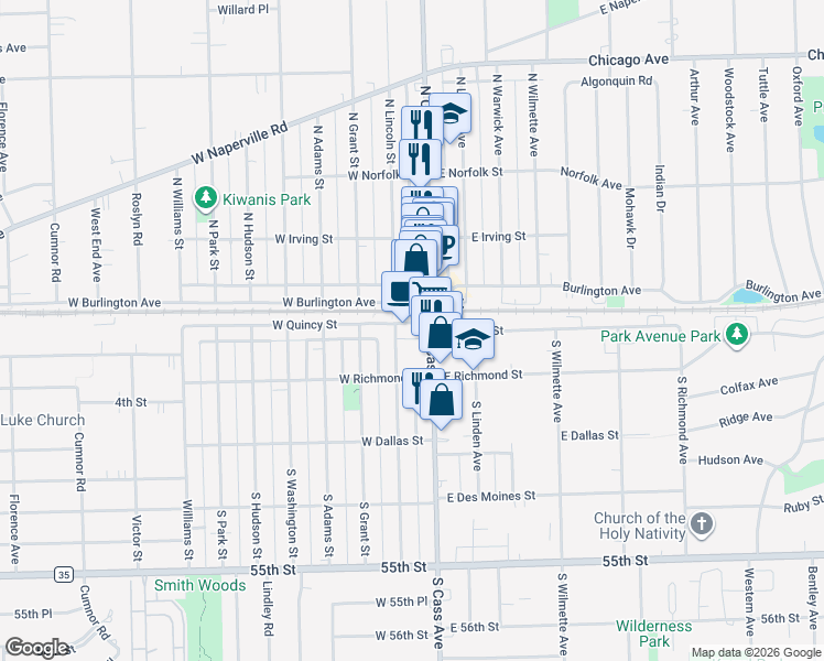 map of restaurants, bars, coffee shops, grocery stores, and more near 19 South Lincoln Street in Westmont