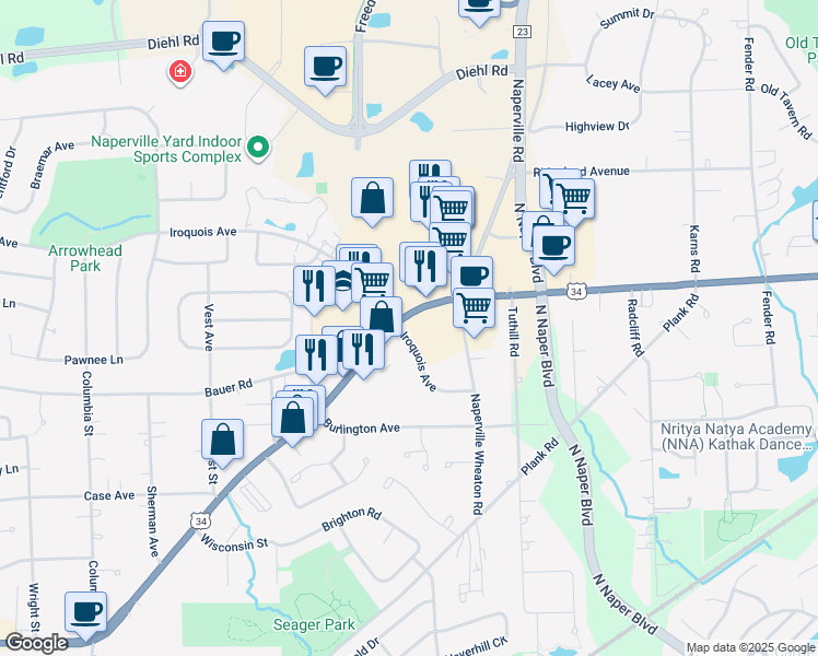 map of restaurants, bars, coffee shops, grocery stores, and more near 1200 Iroquois Avenue in Naperville