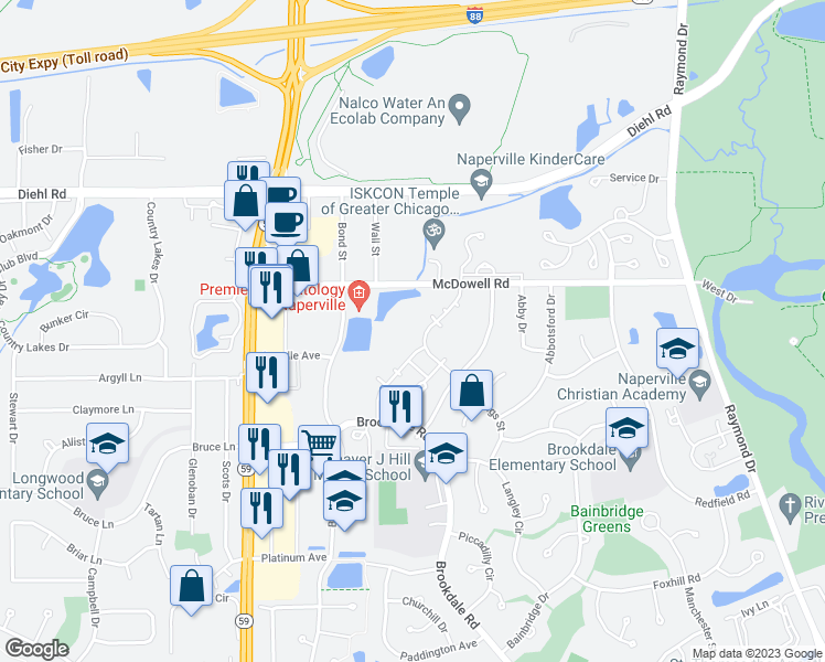 map of restaurants, bars, coffee shops, grocery stores, and more near 1611 Westminster Drive in Naperville