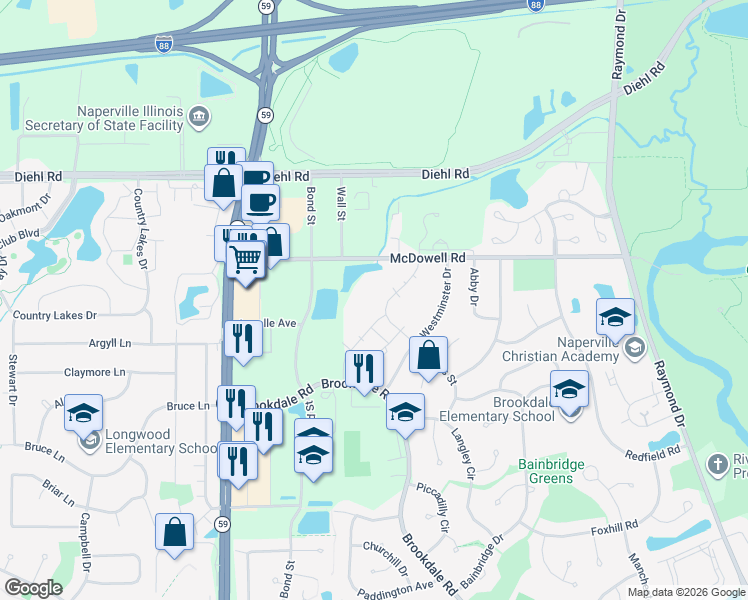 map of restaurants, bars, coffee shops, grocery stores, and more near 1611 Westminster Drive in Naperville