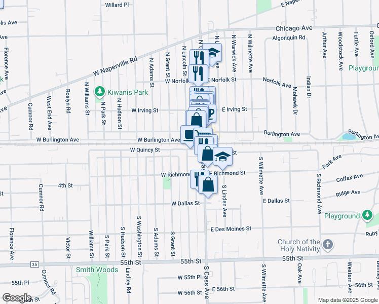 map of restaurants, bars, coffee shops, grocery stores, and more near 19 South Lincoln Street in Westmont