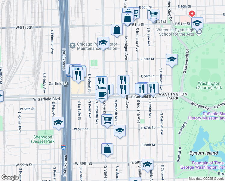 map of restaurants, bars, coffee shops, grocery stores, and more near 10 East Garfield Boulevard in Chicago