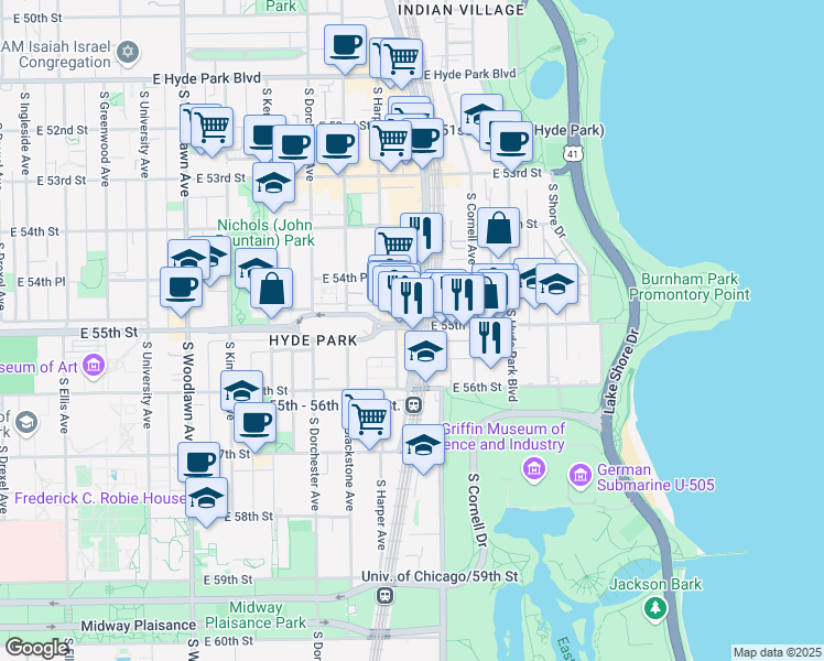 map of restaurants, bars, coffee shops, grocery stores, and more near 5500 South Lake Park Avenue in Chicago