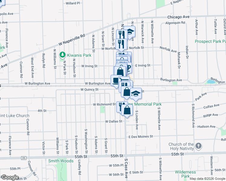 map of restaurants, bars, coffee shops, grocery stores, and more near 19 South Lincoln Street in Westmont