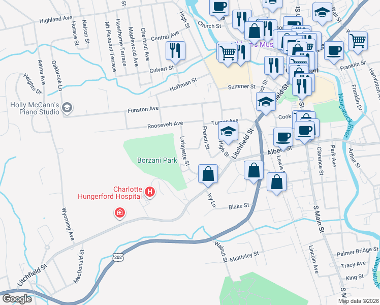 map of restaurants, bars, coffee shops, grocery stores, and more near 180 Lafayette Street in Torrington