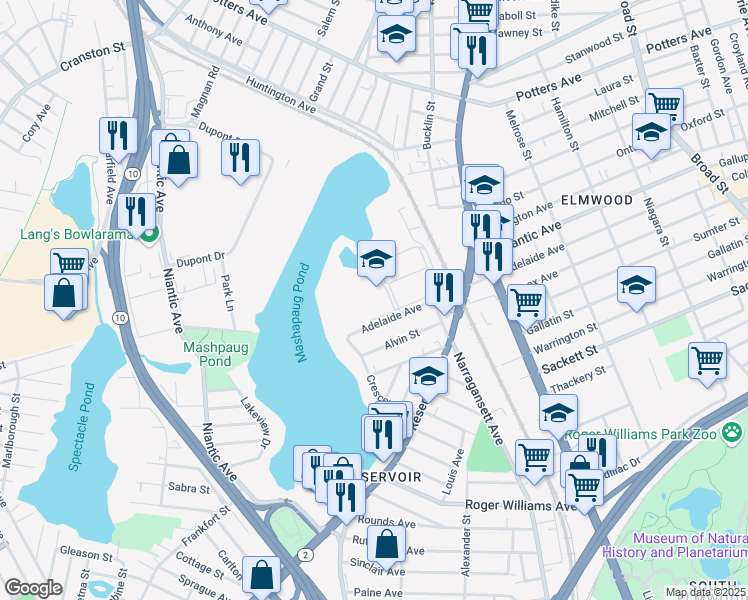 map of restaurants, bars, coffee shops, grocery stores, and more near 388 Adelaide Avenue in Providence